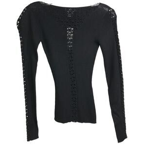 Cache Rayon Sweater Womens Small Black V-Neck Eyelet Lace Front Slim Ribbed NWT